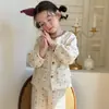 Conjunto de Ropa de Casa de Algodón de Aire para Niños Estilo Coreano a Cuadros de Dibujos Animados Primavera y Otoño Cardigan Clase A Pijamas de Bebé para Niñas