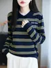 Camisa versátil de lana finamente hilada, ligera y cálida, con rayas, cuello clásico, manga larga, para mujer, para primavera y otoño, estilo commuter