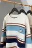 Suéter Masculino Listrado Color Block Outono Inverno Estilo Japonês Gola Redonda Solto Pulôver Tricô Tendência Suéter Jaqueta Retrô