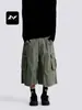 Pantalones Cortos de Trabajo Retro Americanos Fengmei de Siete Bolsillos Unisex Sueltos con Retazos Desconstruidos Bolsillos Grandes Casual Pierna Recta