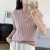 Verão Novo Feminino Estilo Coreano Gola Redonda Tricô Algodão Tricotado Manga Curta Listrado Vertical Elegante Top Camiseta Atacado