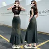 Falda Vaquera Retro Americana para Mujer Verano 2025 Nueva Cintura Alta Efecto Adelgazante Línea A Ceñida a la Cadera Cola de Pescado Falda de Longitud Media