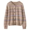 Novo Cardigã 100% Caxemira Outono/Inverno para Mulheres, Gola Redonda, Espessado, Jacquard Listrado Vintage, Suéter Casaco de Tricô Solto