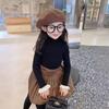 Meninas Coreanas 2025 Inverno Novo Suéter Slim-Fit Cor Sólida Camisa Básica de Gola Alta Top de Tricô Moderno Infantil