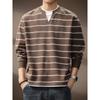 Camiseta de Manga Larga Retro a Rayas Italoamericana para Hombre, Nuevo Estilo Otoño, Corte Holgado, Falso Dos Piezas, Cuello Redondo, Sudadera Base