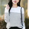 Suéter clássico de malha de algodão puro com gola redonda e listras para mulheres, suéter pullover casual outono/inverno em color block preto e branco, peça básica de manga longa.