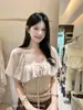 Liquidación, Sin Devoluciones ni Cambios. Blusa de Malla Patchwork Estilo Francés Perezoso con Fruncidos Ceñidora de Cintura para Mujer Verano 28615