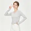 En stock nuevo modelo 2026 92% algodón 8% elastano cuello en V manga larga camiseta para mujer, 230g peso pesado estilo BM corte ajustado camiseta básica