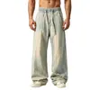 Jeans retro americanos desgastados de cintura elástica con cordón, pierna ancha para hombre, pantalones rectos de longitud completa con diseño dividido de alta costura