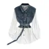 Outono e Inverno de 2023 Novo Retrô Estilo de Hong Kong elegante Vestido Camisa de Botão Único macacão de costura jeans de botão único em linha A