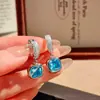Pendientes Cuadrados Pequeños Paraiba Estilo Francés de Lujo Ligero, Clips para Orejas Cubo de Azúcar, Collar con Colgante Azul Océano, Anillo Cuadrado Grande Rojo Rosa para Mujer
