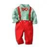 Traje de Dos Piezas para Niños, Camisa de Manga Larga a Rayas de Caballero Estilo Europeo y Americano, Primavera y Otoño, Navidad + Peto, ins