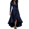 Moda Europea y Americana Otoño 2026 Ropa para Mujer: Nuevo Vestido Largo Elegante, Vestido Formal de Color Sólido con Cuello en V, Corte Ajustado