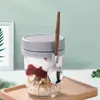 Taza de Vidrio para Avena Nocturna Taza de Desayuno Portátil Frasco de Mason Frasco de Leche con Cuchara y Tapa Juego de Tazas con Escala