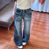 Jeans boca de sino de cintura alta estilo retrô americano para mulheres, novo estilo de inverno, lavado com design arranhado, corte solto, emagrecimento, calças compridas