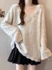 Vintage feito à mão crochê flor com decote em V pelúcia solto manga comprida suéter feminino primavera e outono casual pulôver suéter feminino top