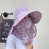 Sombrero de Protección Solar para Recoger Té para Mujeres, Máscara Parasol de Verano, Ala Grande Integrada, Sombrero de Pescador Transpirable, Sombrero de Protección Solar para Exteriores con Protección para el Cuello
