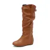 Botas Femininas de Cano Alto com Plissados Internos para Aumento de Altura, Botas de Cano Alto com Fivelas de Cinto, Botas Western Cowboy de Tamanho Grande Estilo Britânico