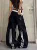 Jeans patchwork retro americano com respingos de tinta e três listras, bainha curva, calça unissex larga e solta, calça longa nova e estilosa
