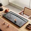 Bandeja de té de piedra negra y dorada, bandeja de té para oficina, mesa de té con juego de té incorporado, juego de té Kung Fu, bandeja de té con sistema de drenaje, juego de té completo