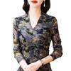 Camiseta de Manga Larga para Mujer con Cuello en V Estampada de Malla Primavera Nueva 2024 Estilo Coreano Camiseta Básica de Madre con Top Jersey