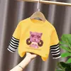 Camiseta de manga larga de retazos de algodón puro para niñas, moda de primavera y otoño con estampado de letras, ropa infantil elegante, top a rayas de cuello redondo para niños mayores