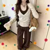 Camiseta de Manga Larga con Cuello Halter en V Estilo Retro Coreano Falsa de Dos Piezas para Mujer Nueva Primavera y Otoño Aspecto Ceñido a la Cintura Sexy Camiseta Básica Superior