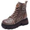 Sandálias Femininas com Salto Grosso e Solado Grosso, Botas Martin com Cadarço Vazado, Couro Bovino de Primeira Camada, Design Estilo Europeu e Americano, Casual e Versátil
