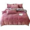 Juego de ropa de cama de cuatro piezas de terciopelo de leche, color liso, engrosado, para invierno, con una sábana bajera de forro polar por ambos lados y una funda de edredón de forro polar de coral