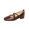 Versão Couro 2025 Primavera & Outono Novo Estilo Bico Quadrado Tiras Sapatilhas Sapatos Mary Jane Retrô Francês Sapatos Femininos