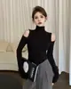 Elegante suéter de punto hueco, de cuello medio alto y hombros descubiertos para mujer, perfecto como capa base sofisticada para otoño e invierno, un top sexy y que realza la figura