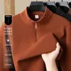 Hoodie Masculino de Veludo com Meio Zíper e Gola Alta, Novo para Outono e Inverno, Casual para Meia-Idade, Espessado, Quente, Camisa Camada de Base Masculina