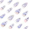 Estilo Chino Azul y Blanco Manicura Francesa Uñas Postizas Lazo Flor Almendra Uñas Patrón Serpiente Moda Comercio Exterior Esmalte de Uñas al por Mayor
