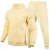 Conjunto unisex casual de otoño e invierno de 220 g, talla europea, color liso liso, conjunto de dos piezas de sudadera holgada de forro polar y pantalones de chándal