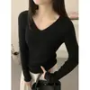 Suéter de Punto Fino de Lana de Manga Larga con Cuello en V de Color Sólido para Mujer Otoño Invierno Simple Delgado Top de Capa Base Negro