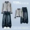 Conjunto de moda estilo coreano, nova coleção primavera/outono: cardigã de manga longa com laço doce e calça jeans de corte solto, um conjunto de duas peças