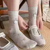 Calcetines Lindos para Mujer, Calcetines de Malla Transpirables Finos de Media Caña para Primavera y Verano, Calcetines Largos Sin Costuras con Bordado de Dibujos Animados Estilo Japonés Gato Kt