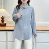 Especial 100kg Roupas de outono plus size para mulheres gordinhas, camisa listrada com bordado de desenho animado jovem e fresca 0719
