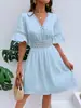 2026 Moda Feminina Verão Novo Estilo Europeu e Americano Amazon Cross-Border Vestido de Cor Sólida com Renda Costurada Moda Decote V Cintura Ajustada