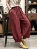 Calça pantalona de algodão e linho retrô da moda, calça casual de verão que afina o corpo com bordas franzidas, calça cropped feminina versátil com acabamento floral