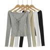 2024 Principios de Otoño Delgada Sexy Ajustada Spice Girl Ropa Exterior Top Sexy con Cordones Cuello en V Grande Manga Larga Camiseta para Mujer