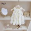 Vestido com Laço para Meninas Ningli 26 Verão Novo Estilo Coreano Vestido Branco Lanterna Infantil Estilo Ballet Vestido Colete