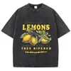 Camiseta Feminina Oversized Gola O de Algodão Lavado Estampa Fresca de Limão de Verão, Top Casual de Manga Curta Vintage Estilo de Rua