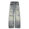 Jeans de pierna ancha con parches de estampado de leopardo rasgados, estilo desierto, punk, lavados, desgastados, pantalones rectos holgados, de moda para hombre