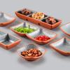 Plato con sabor a melamina, olla caliente comercial, plato para salsa de barbacoa, plato para condimentos, plato de dos compartimentos y tres compartimentos, plato de plástico para refrigerios.