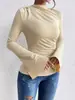 Outono e Inverno Novo Cruzamento de Fronteira Plissado Europeu e Americano Design Transfronteiriço Amazon Manga Sino Gola Alta Slim Camiseta Feminina