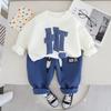 Conjunto de Roupa de Primavera para Meninos 2024 Novo Bebê Estilo Ocidental Roupas Primavera e Outono Moda Moletom de Manga Longa Roupa de Duas Peças Moda