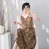 Nuevo Estilo Bata de Noche de Algodón y Seda para Mujer, Verano Delgada Talla Grande Estampada Dulce Floral Pijama, Ropa Exterior sin Mangas de Tirantes