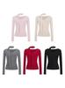 Camiseta de Manga Larga Gruesa Cálida de Nuevo Estilo Otoño e Invierno con Cuello en V y Cinta, Camiseta Interior Versátil Ajustada para Mujer