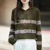 Cárdigan de Punto con Capucha a Rayas Retro para Mujer, Suéter Abrigo Holgado de Bloques de Color, Estilo Perezoso Casual, Abrigo de Otoño